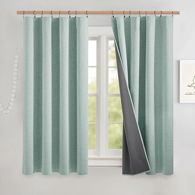 NICETOWN Seafoam Green 100% Blackout Short Curtains W52 x L48 in, Thermal Insulated & Noise Reducing Small Window Treatments with Grey Liner, Rod Pocket & Back Tab Cafe Curtains for Kids Room, Kitchen