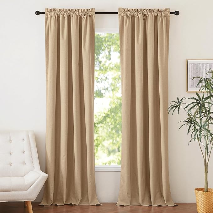 NICETOWN 100% Blackout Linen Curtains with Thermal Insulated White Liner, Taupe, W52 x L95, 2 Panels, Textured Linen Look Noise Reducing Window Treatment Drapes for Bedroom/Living Room/Dining Room