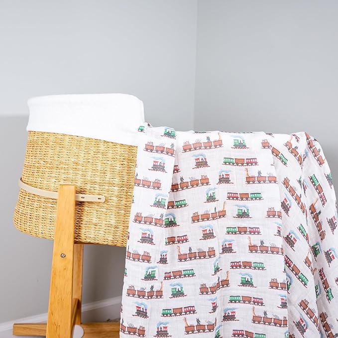 LollyBanks Muslin Swaddle Blankets, 100% Cotton Baby Blanket for Boys and Girls, Soft and Lightweight 47 x 47 Inches Infant Swaddle, Gentle Newborn Blankets, Baby Essentials (Animal Train Print)