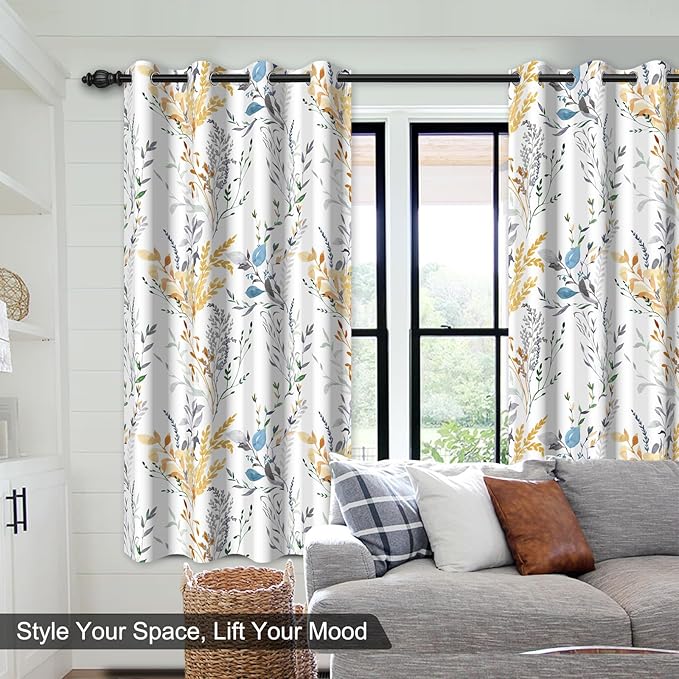 Floral Black Out Curtains 63 Inch Long, Patterned Blackout Curtains for Bedroom and Living Room, Farmhouse Privacy Soundproof Room Darkening Drapes 2 Panels Set, Thermal Curtains for Winter Insulated