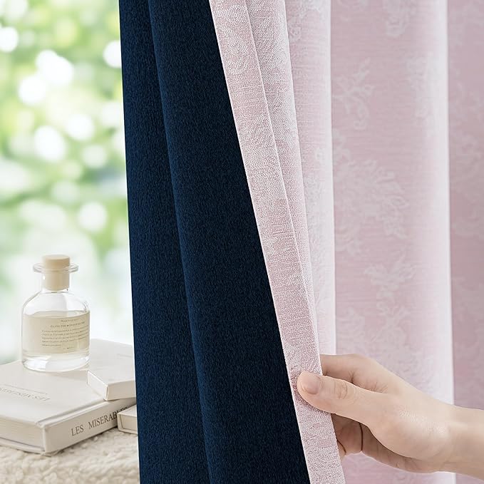 FMFUNCTEX Pink Floral Jacquard Blackout Curtains 108 Inches Long for Bedroom, Scroll Flower Chenille Farmhouse Curtains for Girls Room Darkening Thermal Insulated Grommet Window Drapes 2 Panels