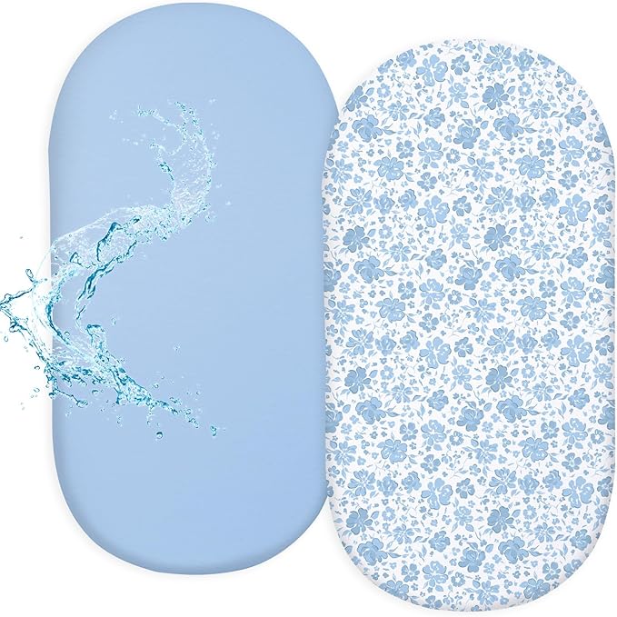 FIOBEE Baby Bassinet Sheets for Girls Boys 2 Pack Waterproof Bassinet Mattress Elastic Fitted Crib Sheets Universal Fit for Hourglass Oval and Rectangle Bassinet Sheet, Blue