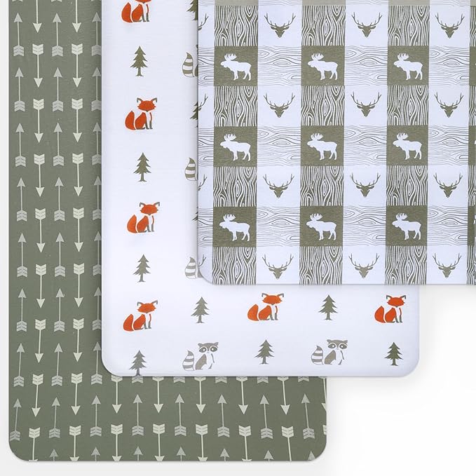 Fitted Unisex Crib Sheets (3 Pack) by GROW WILD - Jersey Knit Cotton Crib Sheets for Boys or Girls, 52” x 28” x 9” Crib Bedding Set (Forest Fun)