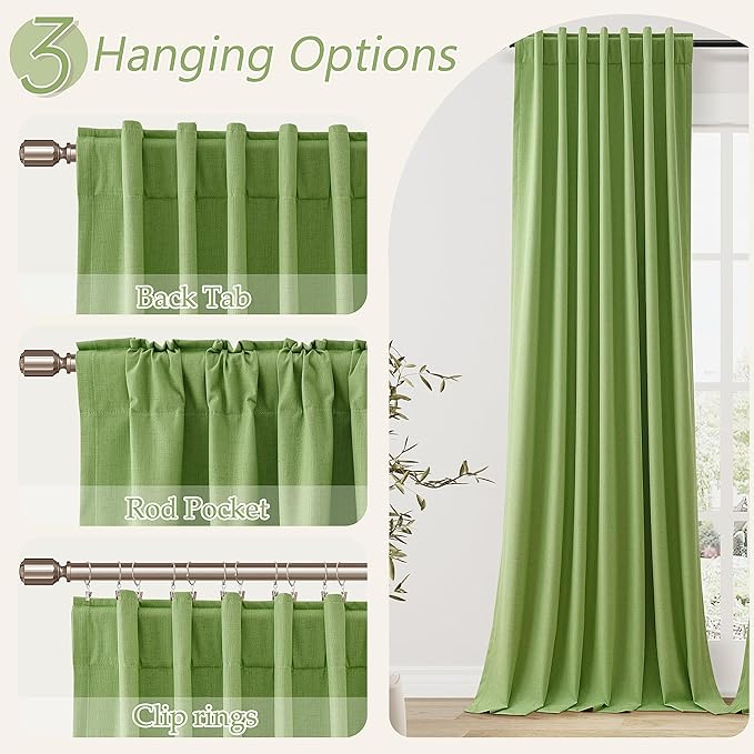 Guken 100% Blackout Curtains 96 Inch Length 2 Panels Set for Living Room Bedroom Back Tab Thermal Insulated Black Out Linen Drapes Room Darkening Lime Green,52x96
