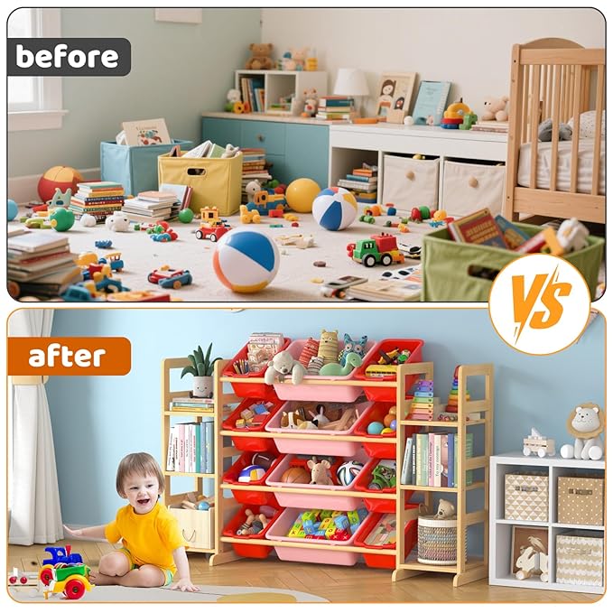 Large Toy Storage Organizer Kids Toy Organizer and Bookshelf Combo with 12 Bins and 6 Shelves Toy Organization Box Toy Shelf for Playroom, Bedroom, Nursery