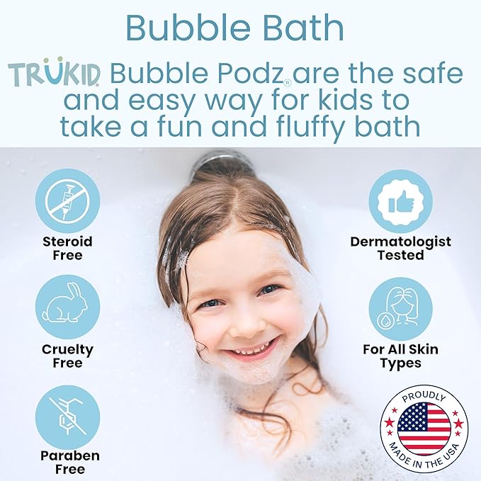 TruKid Bubble Podz Bubble Bath for Kids, Toddlers, & Babies, Tear Free Gentle & Refreshing Bath Bomb for Sensitive Skin with Natural Moisturizers, Non-Toxic, pH Balanced, Bubble Gum Scent (10 Podz)