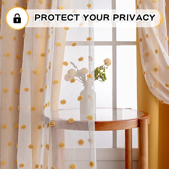 MYSKY HOME Double Layer Curtains for Kids Room Yellow Pom Pom Sheer Curtain 63 Inches Long Nursery Blackout Curtains Thermal Insulated Room Darkening Short Kitchen Drapes Grommet, 52 x 63 In, 2 Panels