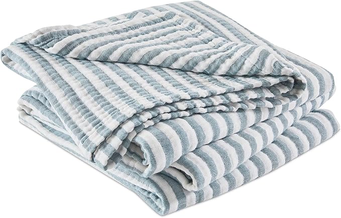 EMME Cotton Muslin Twin Blanket Breathable Gauze Soft Lightweight Adults Gifts for Women (Striped Teal, 60"x80")