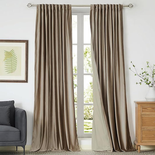 PRIMROSE Blackout Taupe Velvet Curtains 102 inch Long for Living Room,2 Panels Liner Rod Pocket Back Tab Thermal Window Curtain Drapes Room Darkening Heavy Decorative Curtains for Bedroom