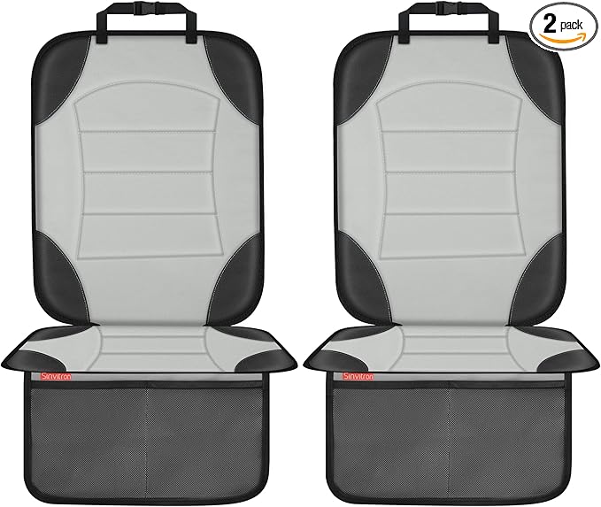 Sinvitron Car Seat Protector for Child Car Seat - Waterproof Non-Slip Leather Mat with 2 Mesh Pockets, Universal Seat Cover for Baby, Pets & Vehicles(2-Pack, Grey)