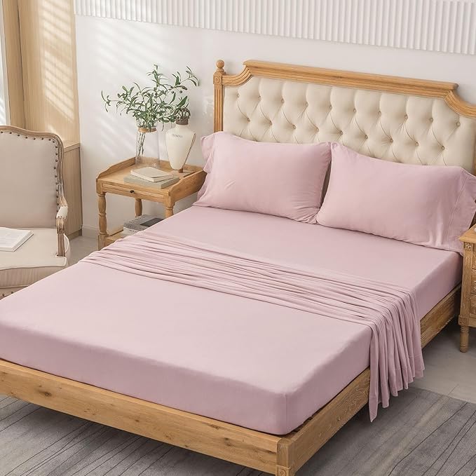 PURE ERA Jersey Knit 4pc Bed Sheet Set 100% T-Shirt Cotton Super Soft Comfy Breathable Fits Mattress Up to 20" Extra Deep Pocket (Solid Light Pink, Queen)