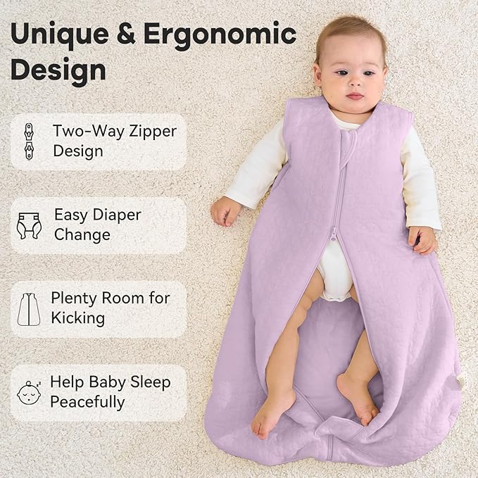 Unnivoll Baby Sleep Sack 18-24 Months TOG 2.5 Winter Baby Wearable Blanket, 100% Cotton Fabric Newborn Infant Sleeping Sack 2-Way Zipper Quilted Baby Sleep Bag, Warm Soft Purple