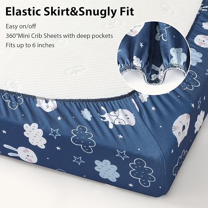 Baby Mini Crib Sheets Boy, Portable 38”x26” Pack and Play Sheets Fitted for Playard and Pack N Play Mattress, 3-Pack Soft Microfiber Blue Cloud Animals