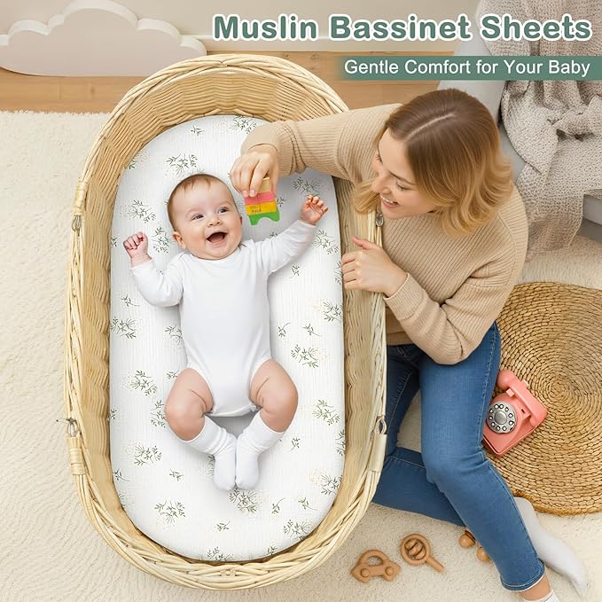 Basumee Muslin Bassinet Sheets for Baby Girl Boy 2 Pack Soft Breathable Baby Bedside Bassinet Fitted Sheets with Bottom Elastic Band 33''x17''x4'' Mattress Cover for Rectangle Oval Hourglass Bassinets