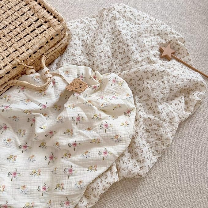 BuLuTu Muslin Floral Print Crib Sheets 2 Pack, Soft Breathable 100% Cotton Neutral Fitted Sheets Set for Standard Crib Mattress & Toddler Mattress 52"x28", Camellia & Azalea