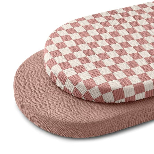 Blissful Diary Muslin Bassinet Sheets for Baby Girls Boys, Boho Soft Cotton Fitted for Oval Hourglass Rectangle Mattress, 2 Pack(Dusty Pink Checkboard & Dusty Pink)