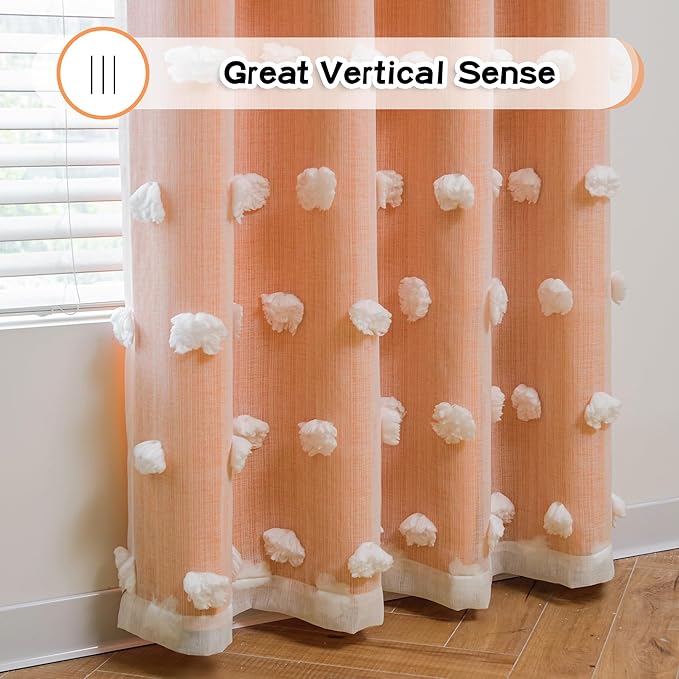 MYSKY HOME Nursery Curtains for Girl Bedroom Orange Curtains 72 Inches Long Pom Pom White Sheer Curtains for Kids Room Double Layer Toddler Bedroom Grommet Room Darkening Window Panels 52 x 72 in