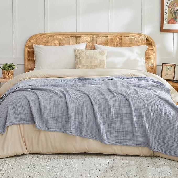 EMME Cotton Muslin Twin XL Blanket Breathable Gauze Blanket Soft Lightweight Blankets Adults Gifts for Women (Dusty Blue, 66"x90")
