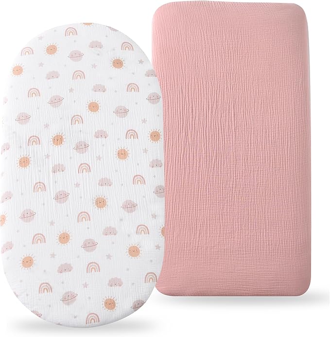 Organic Cotton Muslin Bassinet Sheets, 2 Pack – Soft, Breathable, Universal Fit for Oval, Rectangle & Hourglass Mattresses, Machine Washable, Neutral Colors for Baby Boys & Girls