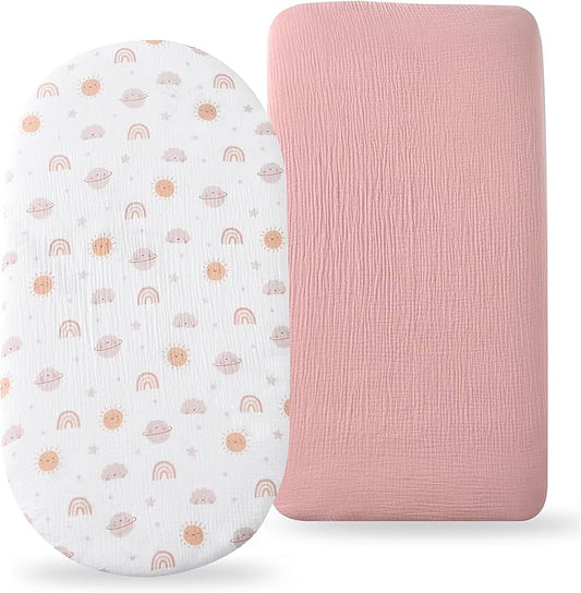 Organic Cotton Muslin Bassinet Sheets, 2 Pack – Soft, Breathable, Universal Fit for Oval, Rectangle & Hourglass Mattresses, Machine Washable, Neutral Colors for Baby Boys & Girls