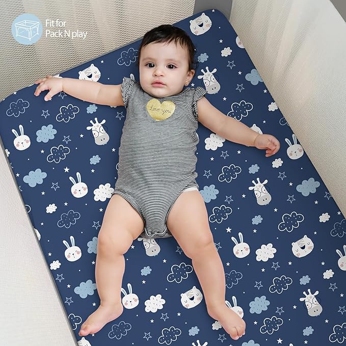 Baby Mini Crib Sheets Boy, Portable 38”x26” Pack and Play Sheets Fitted for Playard and Pack N Play Mattress, 3-Pack Soft Microfiber Blue Cloud Animals