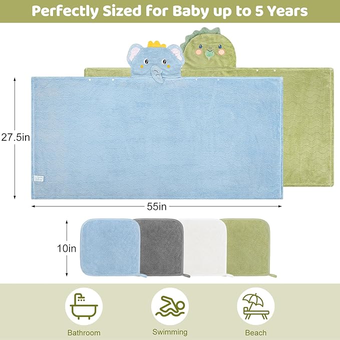 6 PCS Toddler Bath Towel Set for Boy Girl 0-5 Year, 2 PCS Thick Absorbent Hooded Baby Bath Towels Large 55" x 27.5" & 4 PCS Washcloths, Ultra Soft Gift for Infant, Toddler, Kids, Dinosaur & Elephant