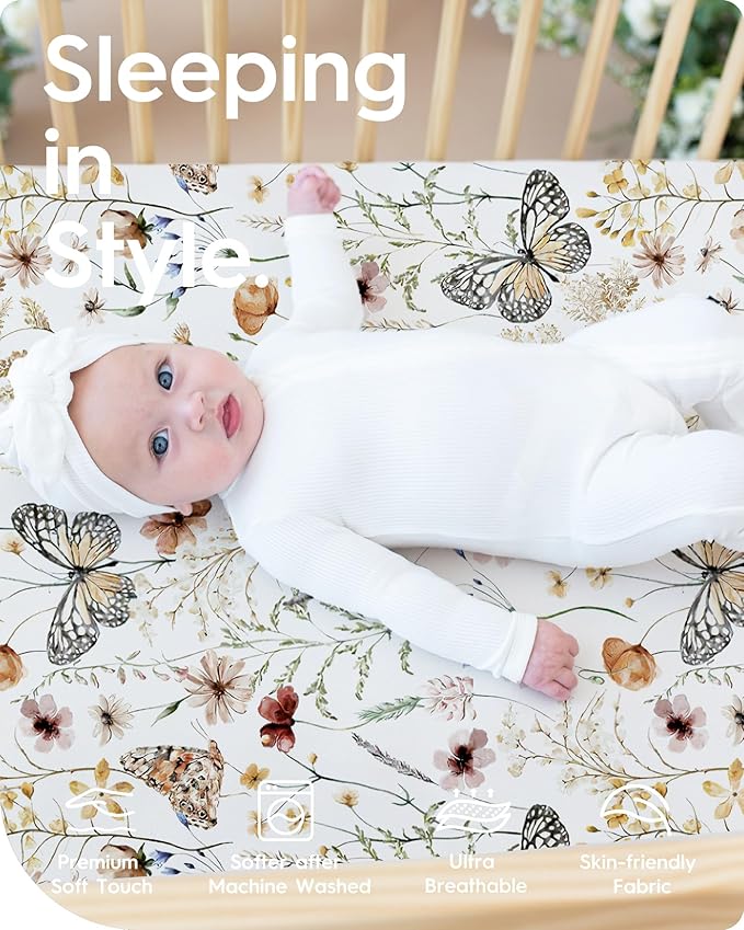 TotBasic Crib Sheets for Boy Girl, Premium Soft Butterfly Crib Mattress Fitted Sheet, Ultra Breathable Baby Sheets, Super Stretchy Baby Bed Sheets 28''x52''x9'' Extra Deep Pocket, 2 Pack