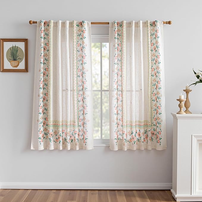 MYSKY HOME Boho Floral Curtains 72 inch for Living Room Semi Sheer Linen Look Butterfly Printed Bohemian Style Farmhouse Window Treatments Light Filtering Back Tab Drapes, 50x84 Inch, Pink, Pack-2