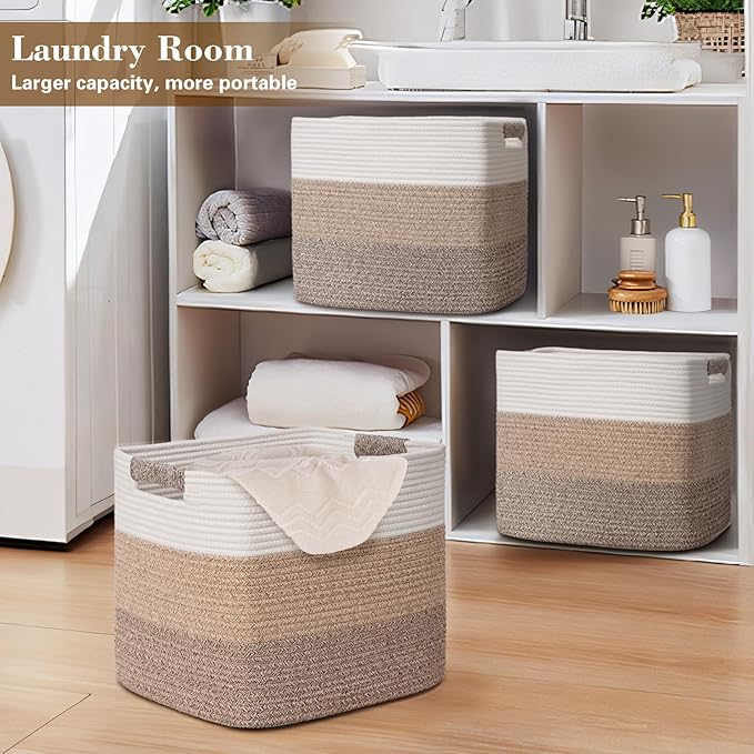15×13 Inch Storage Cubes, 3 Pack Cube Storage Bins for Organizing, Cotton Rope Woven Baskets for Shelves, Bathroom, Kids Room, Closets, Baby Nursery