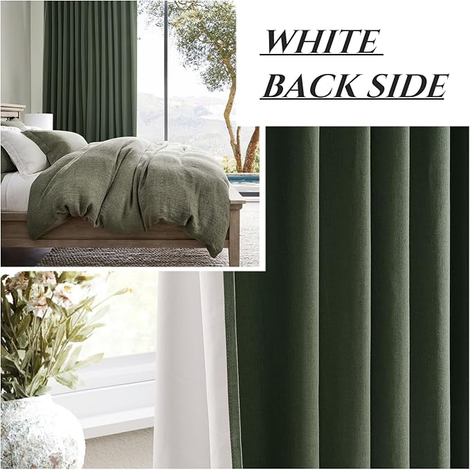 Lush Decor 132 Inch Long Insulated Back Tab Pinch Pleated Curtains, Linen Olive Green Blackout Large Window Drapes, Room Darkening Extra Long Tall Curtain for Living Room (40" Wx132 x2 Panels Loden)