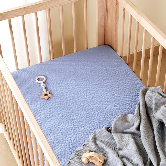 TILLYOU Muslin Mini Crib Sheets 2 Pack, Pack and Play Mattress Sheets Fitted for Pack N Play, 38 x 26 Sheet for Toddler, Grey and Blue