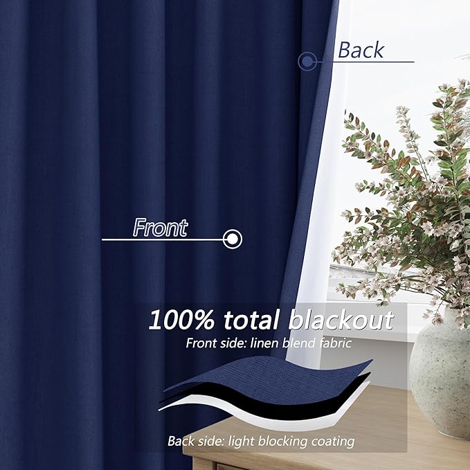 Guken 100% Blackout Curtains 84 Inch Length 2 Panels Set for Living Room Bedroom Back Tab Thermal Insulated Black Out Linen Drapes Room Darkening Window Curtains 84 Inches Long,Classic Blue