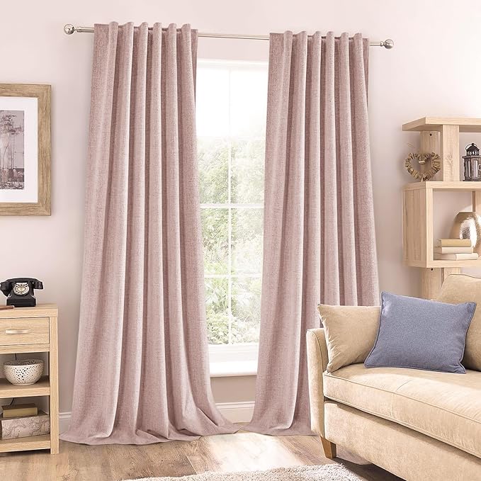 Blush Pink Linen Blackout Curtains 102 Inch Length 2 Panels Set for Living Room Babies Bedroom Back Tab Thermal Insulated 100% Black Out Linen Drapes Room Darkening Window Curtains 102 Inches Long