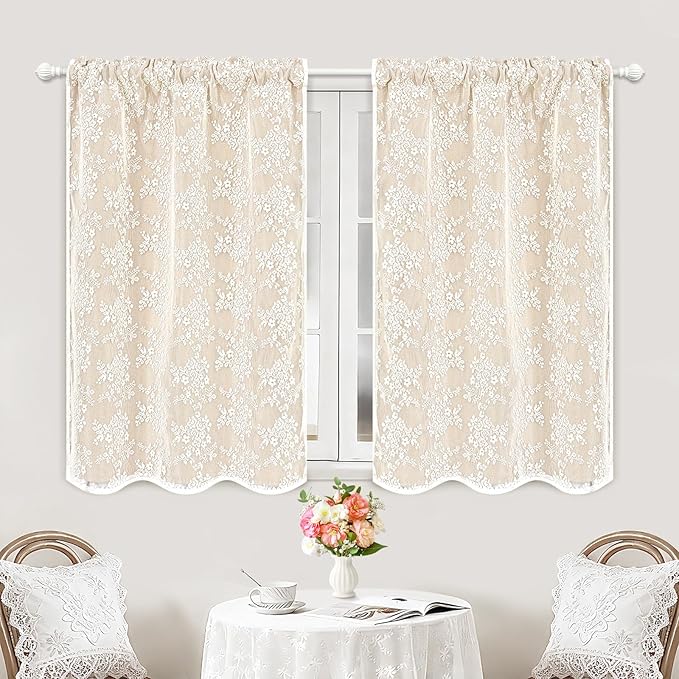 Yinhua Beige Kitchen Curtains 36 Inch Length Double Layer Blackout Cafe Curtains with Floral Sheer Overlay Rod Pocket Short Curtain for Windows, Small Window Curtain for Bathroom Living Room, 2 Panels