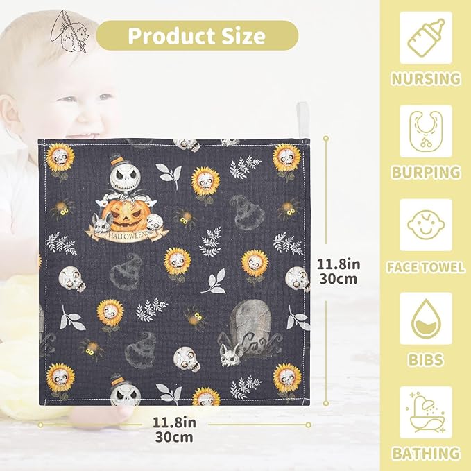 vvfelixl Halloween Skulls Horror Monsters Baby Burp Cloths Baby Muslin Washcloths for Boys Girls Cotton Baby Face Towel for Newborn Infants Soft and Absorbent 11.8 X 11.8 in, 5 Pack Black
