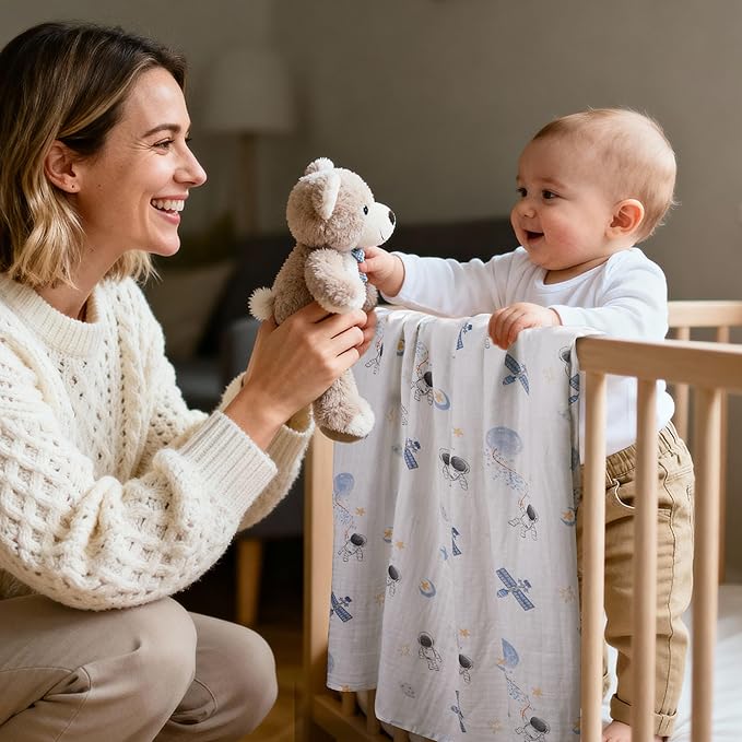 GLLQUEN BABY Muslin Swaddle Blankets Breathable Receiving Blankets (35" x 40") 2-Pack Soft Baby Blankets for Girls and Boys Newborn Essentials Muslin Burp Cloths Swaddle Wrap Baby Gift(Astronaut)