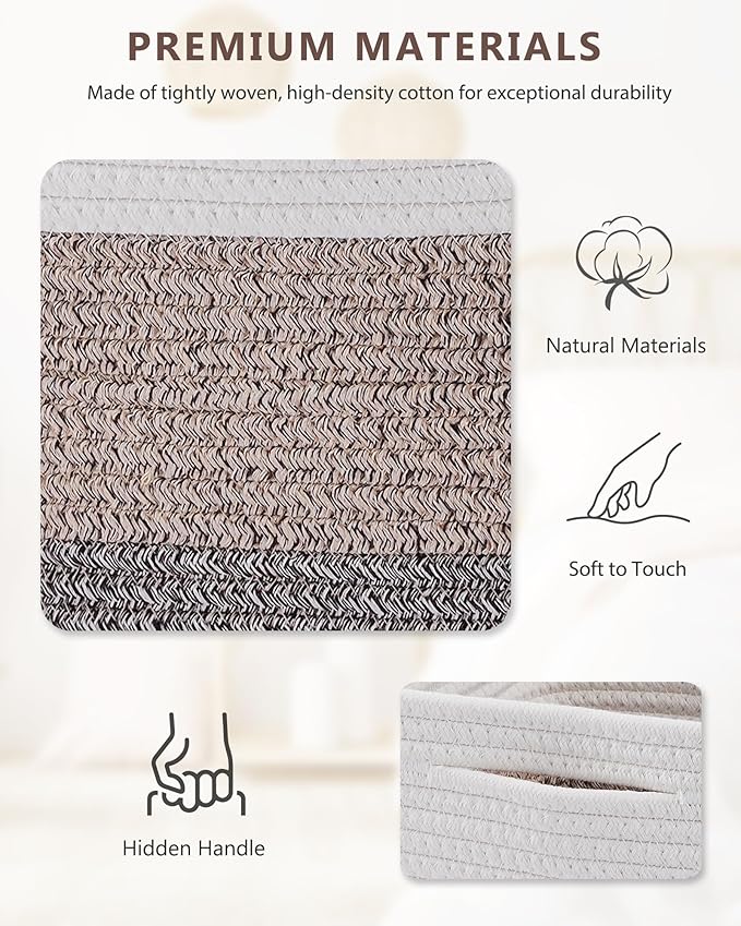 Cube Storage Bin 11" x 10.5" x 10.5" Cotton Rope Basket Square Woven Storage Basket for Shelves, Closet Organizer, Soft Towel Sock Basket, Gradient/White Brown, 1 Pack