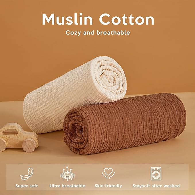 Pro Goleem Muslin Pack n Play Sheets for Boys and Girls, Soft Breathable Cotton Fitted Mini Crib Sheets, Neutral Baby Sheets for Playard Mattress, 2 Pack (Brown＆Beige)