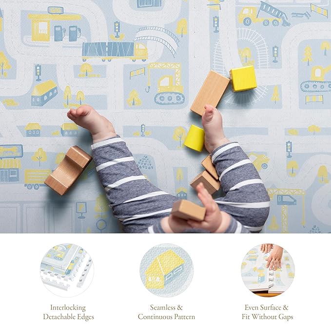 PopsyKosy Premium Baby Floor Play Mat - Thick & Cushioned 0.5 inch Playroom Foam Mat, Non-Toxic Odorless - 6 Tiles - Spacious 6x4 ft. - Stylish, Large, Waterproof for Kids & Toddlers -Pastel Blue Gray