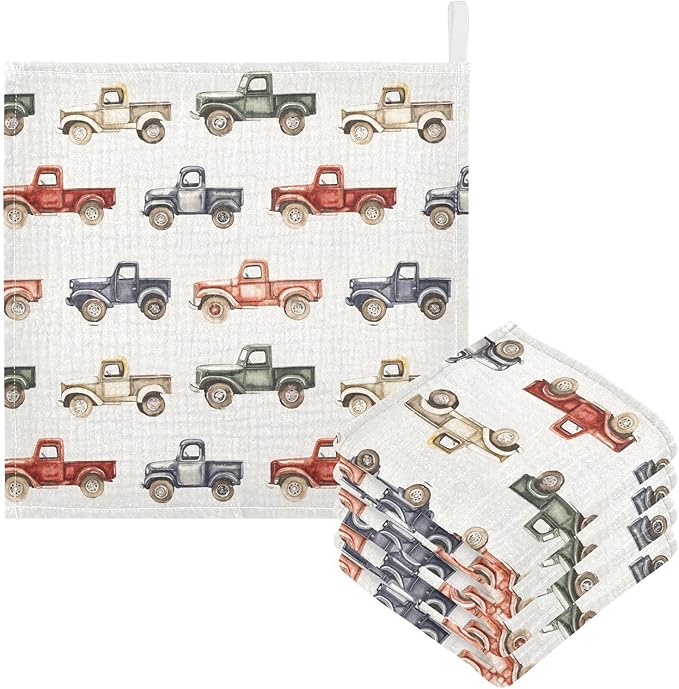 vvfelixl Vintage Trucks Jeeps Baby Burp Cloths Baby Muslin Washcloths for Boys Girls Cotton Babys Face Towel for Newborn Infants Soft and Absorbent 11.8 X 11.8 in, 5 Pack