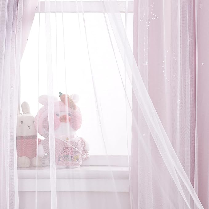 NICETOWN Pink Curtains for Girls Bedroom/Kids Room, Moon and Star Hollow Out Blackout Curtains for Nursery, Double-Layer Grommet Window Drapes for Christmas Decor, 52" W by 84" L, Set of 2