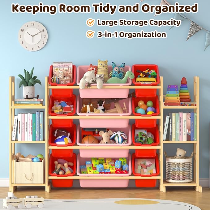 Large Toy Storage Organizer Kids Toy Organizer and Bookshelf Combo with 12 Bins and 6 Shelves Toy Organization Box Toy Shelf for Playroom, Bedroom, Nursery