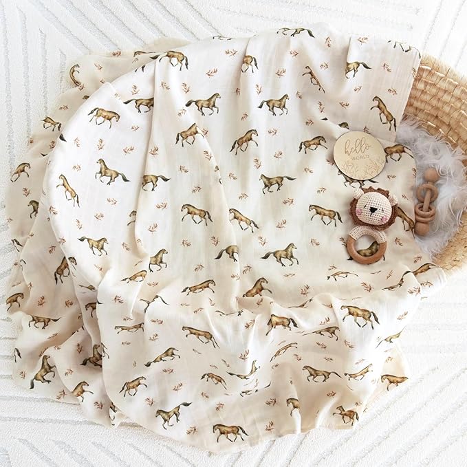 LifeTree Baby Swaddle Blankets, Muslin Swaddle Blankets Boys Girls Swaddling Wrap Receiving Blanket for Newborn, 70% Viscose Bamboo and 30% Cotton, Large 47" x 47", Horse Pattern