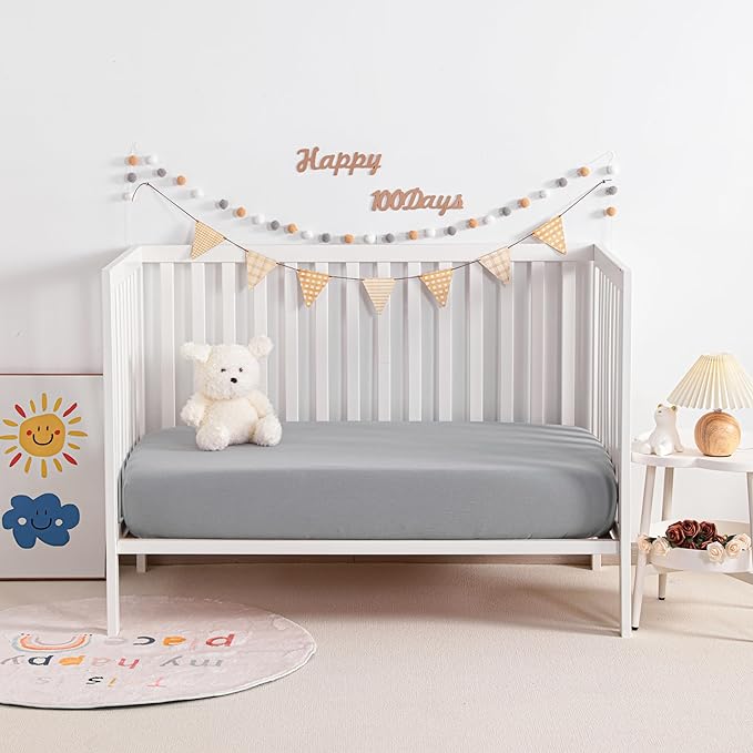 NTBAY 2 Pack Muslin Cotton Mini Crib Sheets, Soft and Breathable Double Layer 24x38 Baby Crib Sheets for Mini Crib and Toddler Mattresses, Boys, Girls, Unisex, Grey, 24x38 Inches