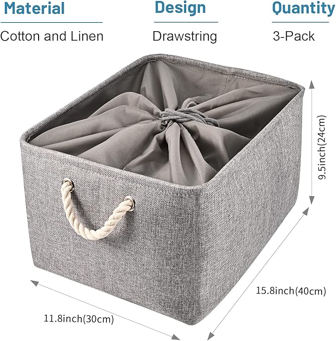 HOdo Home 3PCS Storage Bins, Fabric Bin with Drawstring Closure and 2 Bold Handles, Collapsible Large Canvas Baskets for Organizing Shelf Nursery Home Closet (15.8×11.8×9.5 In, Grey)