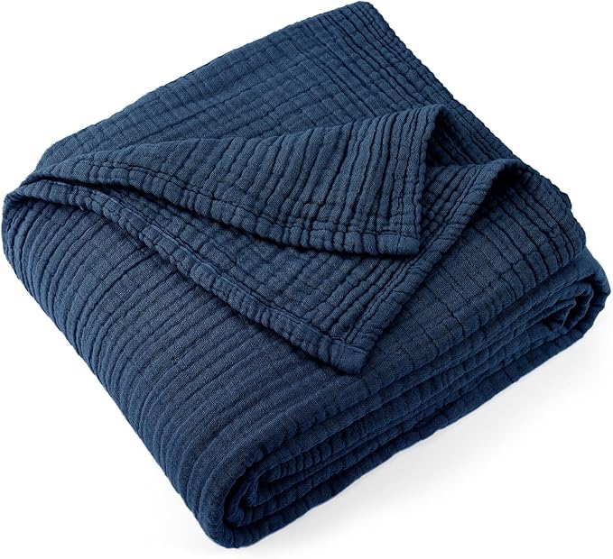 Carriediosa 100% Cotton Muslin Throw Blanket 70" X 80" Twin Size，4-Layers Summer Gauze Throws for Bed Couch，Soft Lightweight Breathable Linen Blankets Bedspread for Adults All Season，Navy Blue