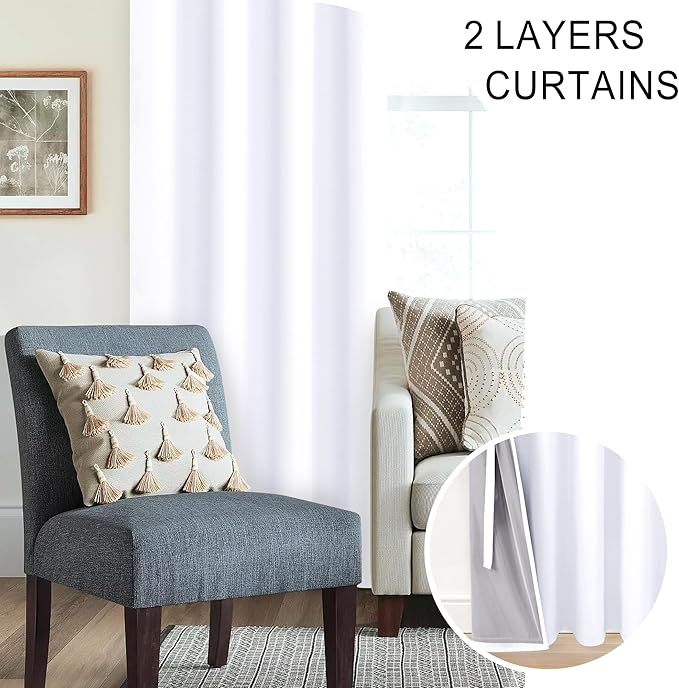 XWZO White Blackout Curtains with Tiebacks - Heat and Full Light Blocking Window Panels with Grommets for Bedroom/Nursery, 84 Inches Long Thermal Insulated Draperies, White, W42 x L84, Set of 2
