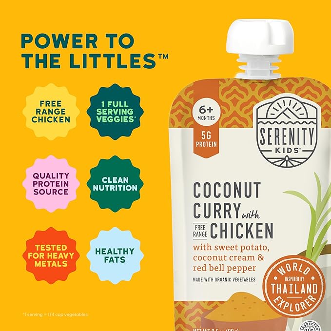 Serenity Kids 6+ Months Coconut Curry Chicken Baby Food Pouch - 3.5 Oz, Pack of 12 - Nutrient-Packed Pureed Baby Food - GMO Free Portable Pouch for On-the-Go Toddler Snacks