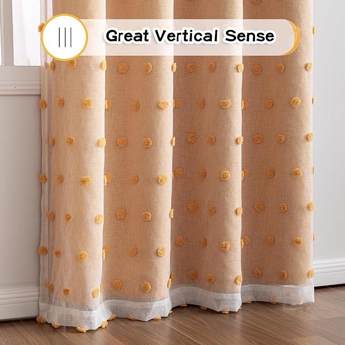 MYSKY HOME Double Layer Curtains for Kids Room Yellow Pom Pom Sheer Curtain 63 Inches Long Nursery Blackout Curtains Thermal Insulated Room Darkening Short Kitchen Drapes Grommet, 52 x 63 In, 2 Panels