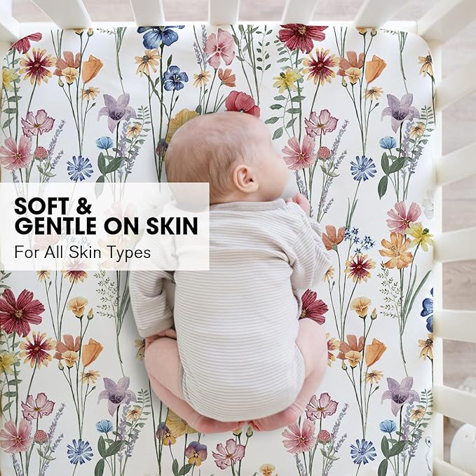 Little Grape Land Crib Sheets for Girls and Boys, 2pk Baby Crib Fitted Sheet for Standard Size Crib and Toddler Mattress, Super Soft Baby Sheet (Spring Flower & Beige)